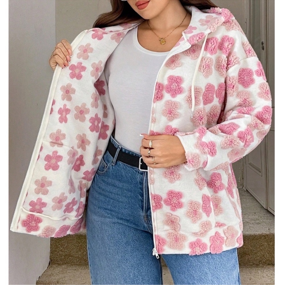 Plus Floral Fuzzy Appliqué Zip Up Loose Fit Hoodie Jacket 1X 2X 3X 4X